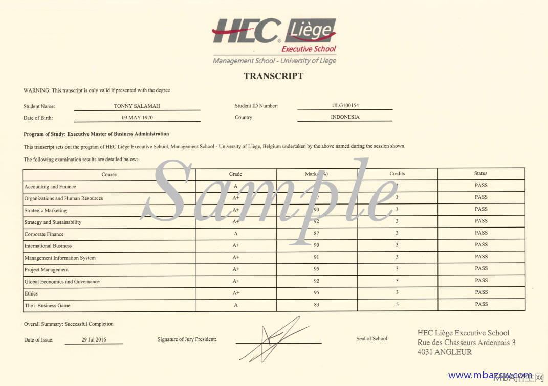 EMBA證書樣本 EMBA證書樣本